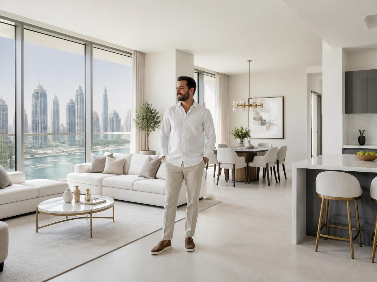 Property owner reviewing listings on a Dubai balcony at dusk