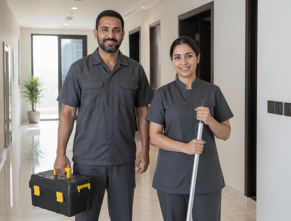 Home service professionals in a modern UAE apartment